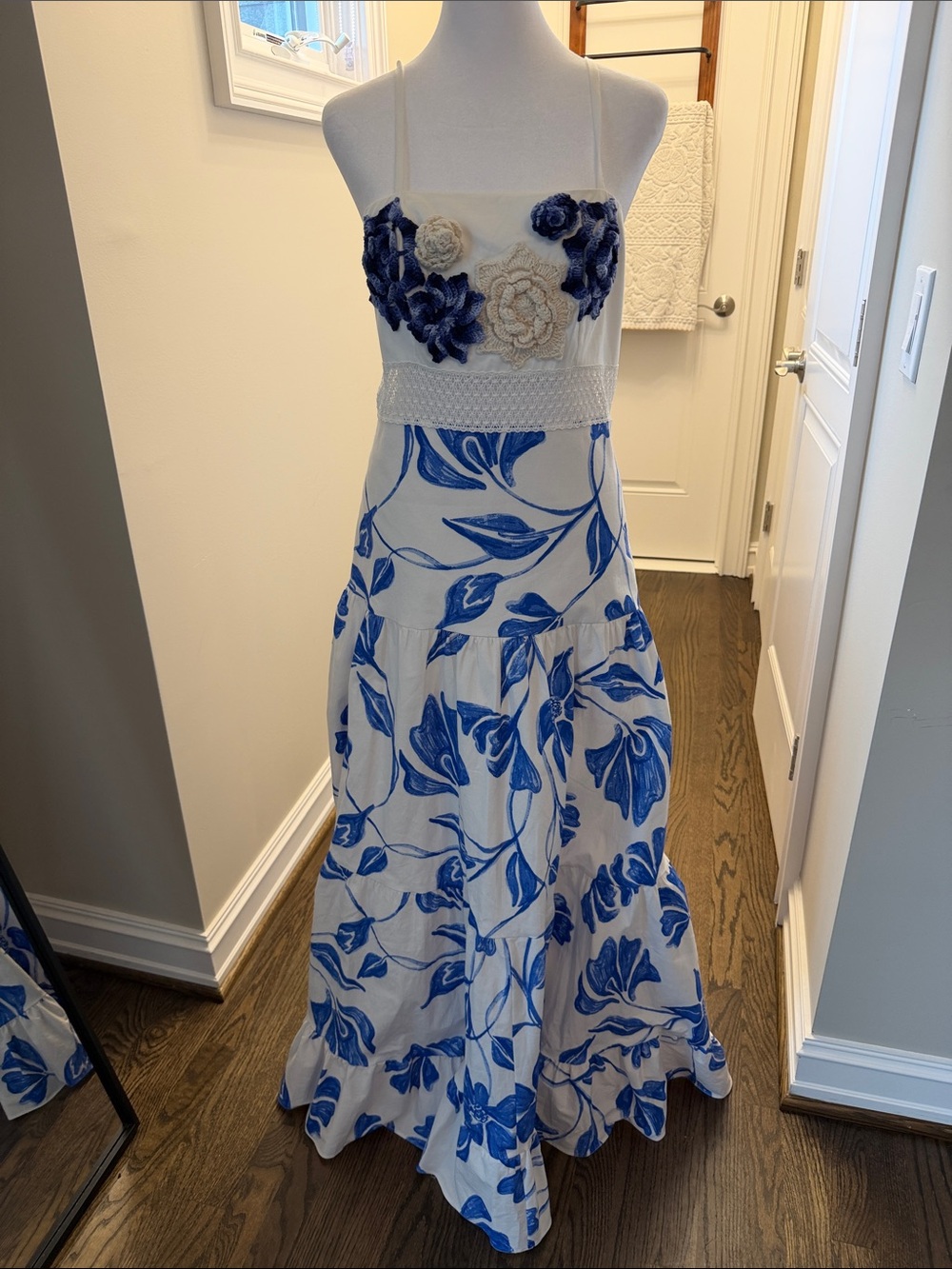 PatBO White Maxi Dress with Blue Floral Print and Appliqué